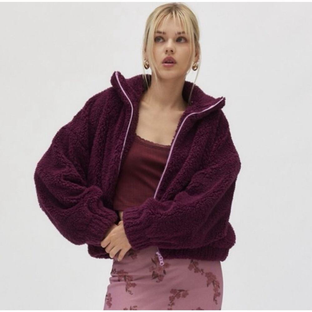Kimchi Blue UO Snow Bunny Piled Fleece Zip-Up Fuzzy Jacket in Purple Size XS NWT